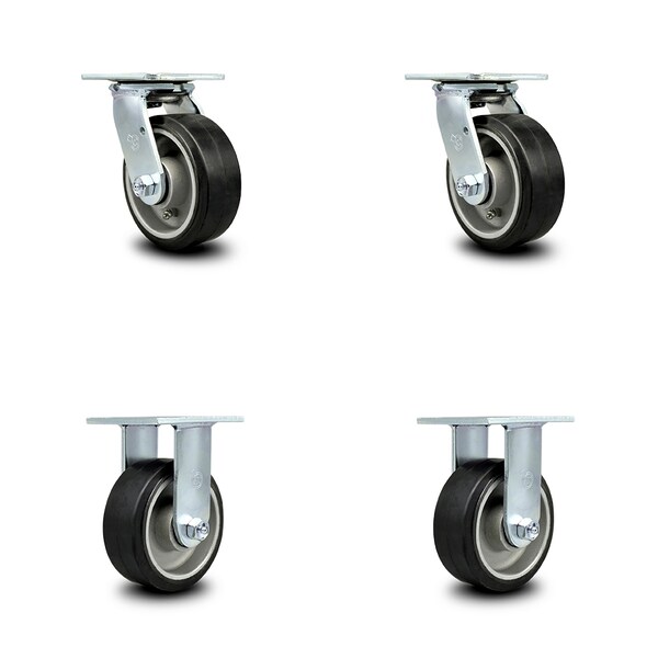 5 Inch Rubber on Aluminum Caster Set with Roller Bearings 2 Swivel Lock 2 Rigid